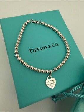 Tiffany & Co. 4mm Beaded Bracelet with PRTT Mini Heart Pendant- 7”